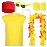 Cotwinter 6 Pcs Halloween Wrestler Costume Set Include Yellow Sleeveless T-shirt 6ft Feather Boa Mustache(M)