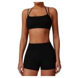 QBGJTD Two Piece Workout Sets For Women Sleeveless Backless Sport Bra Matching High Waist Scrunch Butt Biker Shorts 2 Piece Gym Yoga Active Wear Outfits Womens Athletic Work Out Clothes Black M