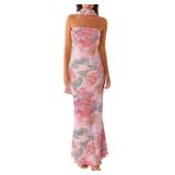 Women Floral Tube Maxi Dress with Scarf Summer Strapless Tube Bodycon Mesh Layer Cocktail Party Wedding Guest Dress (US, Small)