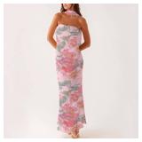 Women Floral Tube Maxi Dress with Scarf Summer Strapless Tube Bodycon Mesh Layer Cocktail Party Wedding Guest Dress (US, Small)