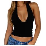 ForeFair Women Sexy Halter Deep V Neck Backless Crop Tank Top Open Back Sleeveless Slim Fit Y2k Summer Tops(Black,M)