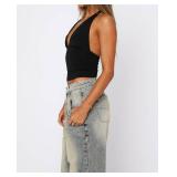 ForeFair Women Sexy Halter Deep V Neck Backless Crop Tank Top Open Back Sleeveless Slim Fit Y2k Summer Tops(Black,M)