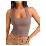 Trendy Queen Halter Tops for Women 2025 Summer Going Out Tops Backless Crop Sleeveless Workout Shirts Cute Y2k Clothes CoffeeGrey L