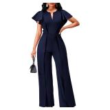 Formal Jumpsuits for Women Dressy Navy V Neck Ruffle Sleeve Overlay One Piece Long Straight Pants Clubwear Rompers with Zipper(XX-Large)