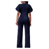 Formal Jumpsuits for Women Dressy Navy V Neck Ruffle Sleeve Overlay One Piece Long Straight Pants Clubwear Rompers with Zipper(XX-Large)
