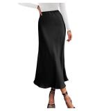 BTFBM 2025 Womens Summer Fall Long Satin Skirt Silk Elegant High Waist Cocktail Party Wedding Flowy A-Line Midi Skirts(Black, Medium)