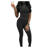 AYWA Two Piece Outfits for Women Fitted Crew Neck T-shirt High Waist Leggings Biker Shorts Matching Sets Streetwear (Black, XX-Large)