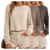 Ficerd 3 Pack Cotton Cropped Long Sleeve Tops for Women Loose Fit Crew Neck Drop Shoulder Crop T Shirts Basic Tee(Dark Brown, Coffee, Apricot,S)