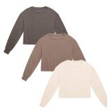 Ficerd 3 Pack Cotton Cropped Long Sleeve Tops for Women Loose Fit Crew Neck Drop Shoulder Crop T Shirts Basic Tee(Dark Brown, Coffee, Apricot,S)