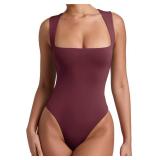 REORIA Womens Summer Sexy Sleeveless Square Neck Double Lined Going Out Cute Thong Bodysuit Tank Tops Burgundy X-Small