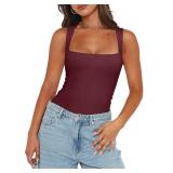 REORIA Womens Summer Sexy Sleeveless Square Neck Double Lined Going Out Cute Thong Bodysuit Tank Tops Burgundy X-Small