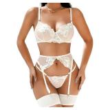 Kaei&Shi Bridal Lingerie Wedding Night,Underwire Floral Embroidered Sexy Lingerie for Women,Matching 3 Piece Lingerie Set Bride Plus Curvy White XX-Large
