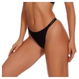 Bellecarrie Strappy Thong Bikini Bottom Mid Rise Swimsuit Bottoms High Cut Cheeky Bathing Suit Bottom, Black, L