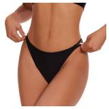 Bellecarrie Strappy Thong Bikini Bottom Mid Rise Swimsuit Bottoms High Cut Cheeky Bathing Suit Bottom, Black, L