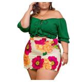 Dmoled Women Plus Size Skirt Two Piece Outfit Short Sleeve Off The Shoulder Crop Top shorts Dress Suit Set, 3X
