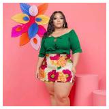 Dmoled Women Plus Size Skirt Two Piece Outfit Short Sleeve Off The Shoulder Crop Top shorts Dress Suit Set, 3X