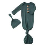 Newborn Baby Boys Girls Knotted Gown Hat Set Soft Viscose from Bamboo Infant Sleeper Baby Sleep Gown with Mittens (Deep Green, 0-3 Months)
