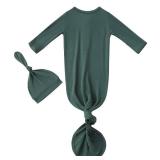 Newborn Baby Boys Girls Knotted Gown Hat Set Soft Viscose from Bamboo Infant Sleeper Baby Sleep Gown with Mittens (Deep Green, 0-3 Months)