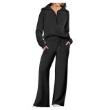 ANRABESS Women 2 Piece Outfits 2025 Fall Fashion Airport Wide Leg Pants Lounge Set Leisure Travel Vacation Clothes Sweatsuits Black Medium