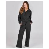 ANRABESS Women 2 Piece Outfits 2025 Fall Fashion Airport Wide Leg Pants Lounge Set Leisure Travel Vacation Clothes Sweatsuits Black Medium