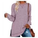 Aokosor Womens Tops 2025 Pullover Casual Soft Long Sleeve Shirts Fall Loose Fit Clothing Vacation Pink L