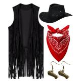 Xtinmee 4 Pcs Halloween Western Cowgirl Outfits Set Women Tassel Vest Cowboy Hat Dangle Drop Earring Paisley Bandana Dress up(Medium,Black)