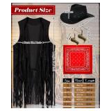 Xtinmee 4 Pcs Halloween Western Cowgirl Outfits Set Women Tassel Vest Cowboy Hat Dangle Drop Earring Paisley Bandana Dress up(Medium,Black)