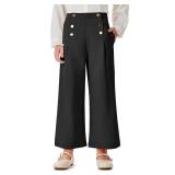 Haloumoning Girls Wide Leg Pants Kids Fashion Elastic Waist Front Button Trousers with Pockets 6-7 Years Black
