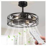 20" Fandelier Ceiling Fan with Light, Caged Bladeless Ceiling Fans with Remote, Farmhouse Downrod Mount Fan for Bedroom, Kitchen, Living Room, Black