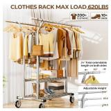 Heavy Duty Clothes Rack, Rolling Clothing Rack With Shelves Load 620 LBS, Double Rod Clothing Racks for Hanging Clothes, Portable& Adjustable Clothes Rack with Wheels Garment Rack