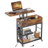 Colima Lift Top End Table with Charging Station and Wheels, Sofa Side Table with USB Port & AC Outlets, Movable Bedside Nightstand with Side Bag for Office Living Room Bedroom(Rustic Wood)