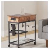 Colima Lift Top End Table with Charging Station and Wheels, Sofa Side Table with USB Port & AC Outlets, Movable Bedside Nightstand with Side Bag for Office Living Room Bedroom(Rustic Wood)