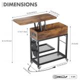 Colima Lift Top End Table with Charging Station and Wheels, Sofa Side Table with USB Port & AC Outlets, Movable Bedside Nightstand with Side Bag for Office Living Room Bedroom(Rustic Wood)