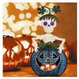 Halloween Decorations for Home, Metal Jack-O-Lantern Candle Holder with Skull Halloween Decor, Tealight Candle Holders for Table Mantel Porch Patio Indoor Outdoor