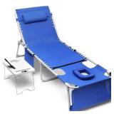 Yestomo 3-in-1 Sun Tanning Chair with Face Holes, Breathable Chaise Lounge Chair Outdoor, 5-Position Recliner, Lay Flat, Folding Side Table, Removable Pillow, Max 330lbs, Beach, Patio, Camping, Blue