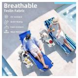 Yestomo 3-in-1 Sun Tanning Chair with Face Holes, Breathable Chaise Lounge Chair Outdoor, 5-Position Recliner, Lay Flat, Folding Side Table, Removable Pillow, Max 330lbs, Beach, Patio, Camping, Blue