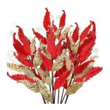 HyDren 10 Pcs Christmas Glitter Leaves Large Ornaments for Christmas Tree Picks Sprays Artificial Stems Branches Twigs Sprigs Floral for Xmas Tree Wreath Garland Vase DIY Decor(Red and Gold)