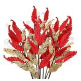 10 Pcs Christmas Glitter Leaves Large Ornaments for Christmas Tree Picks Sprays Artificial Stems Branches Twigs Sprigs Floral for Xmas Tree Wreath Garland Vase DIY Decor(Red and Gold)