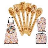 Nightmare Wooden Cooking Spoons Set with Apron Oven Mitt Potholder Gifts,9pcs Halloween Christmas.