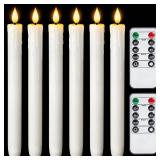 Real Wax LED Flameless Taper Candles with Timer, Dripless Battery Operated Window Candles with 3D Flickering Flame, 9.6 Inches White Flameless Candlesticks for Fireplace Christmas Halloween