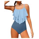 Tomolant Girls Swimsuit, Girls Bathing Suits Size 14-16 Color Block One Piece Swimsuit 2-Tiered Ruffle Teen Bathing Suits with Chest Pad Adjustable Straps Swimwear