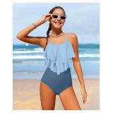 Tomolant Girls Swimsuit, Girls Bathing Suits Size 14-16 Color Block One Piece Swimsuit 2-Tiered Ruffle Teen Bathing Suits with Chest Pad Adjustable Straps Swimwear
