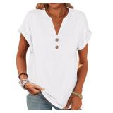 ANRABESS Womens Short Sleeve Henley Tops V Neck Dressy Casual Blouses Summer Trendy Tee Shirts 2025 Vacation Fashion Clothes White L
