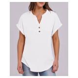 ANRABESS Womens Short Sleeve Henley Tops V Neck Dressy Casual Blouses Summer Trendy Tee Shirts 2025 Vacation Fashion Clothes White L