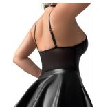 Foxiny Sexy Strappy Leather Underwire Choker Garter Belt Mini Lingerie Set Dress with Thong 3 Piece Women Pu Latex Push Up Night Wear Outfits Black Medium