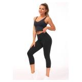 THE GYM PEOPLE Thick High Waist Capris Yoga Pants with Pockets, Tummy Control Workout Running Yoga Leggings for Women Black, L