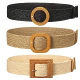Syhood 3 Pieces Straw Woven Elastic Waist Belt for Women Bohemian Dress Braided Belt (Black, Khaki, Beige,Fit Waist Size Below 36