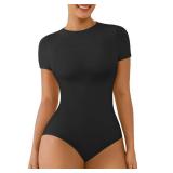 FeelinGirl Shapewear Bodysuit Womens Bodysuits Short Sleeve Body Suit Compression Bodysuit High Neck Tops Black Medium-Large