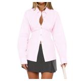 HOCANDY Women Long Sleeve Button Down Shirt Tie Back Cinched Waist Lapel Collar Corset Blouse Work Casual Dressy Tunic Shirt Pink, L