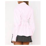 HOCANDY Women Long Sleeve Button Down Shirt Tie Back Cinched Waist Lapel Collar Corset Blouse Work Casual Dressy Tunic Shirt Pink, L